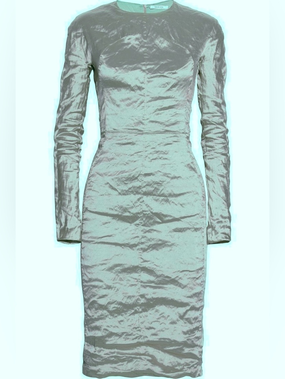 Carven Stretch Taffeta Crinkle Metallic Sage Green Sheath Midi Dress, Fr 40 US 6